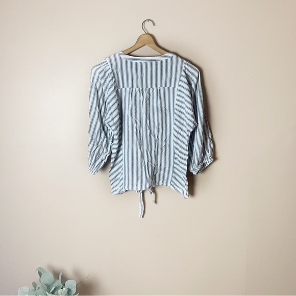Women's Preppy Casual White & Gray Striped Button Down Tie 3/4 Sleeve Top - Picture 9 of 9